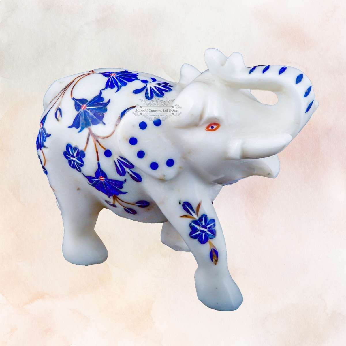 Blue Flower with Golden Stems Designed Marble Elephant